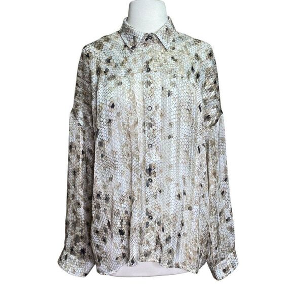 POL Sheer Button Front Blouse Tan and Gold Scale Print Medium - Picture 1 of 9